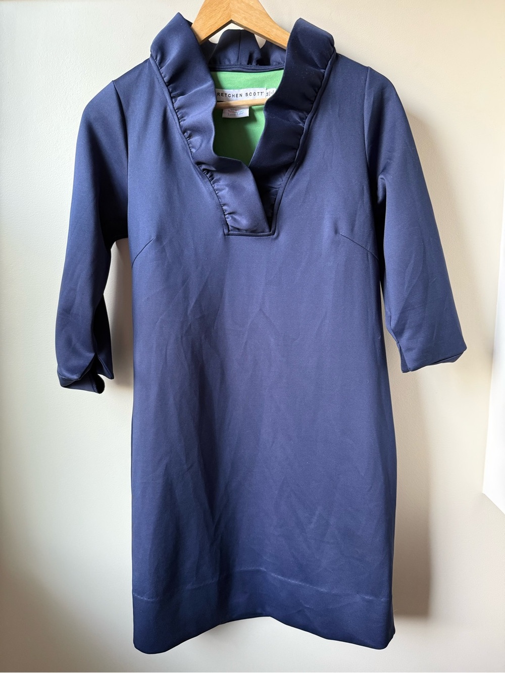 GRETCHEN SCOTT Ruffneck Dress Ruffles Preppy Stretch Resort Classic Navy Blue M